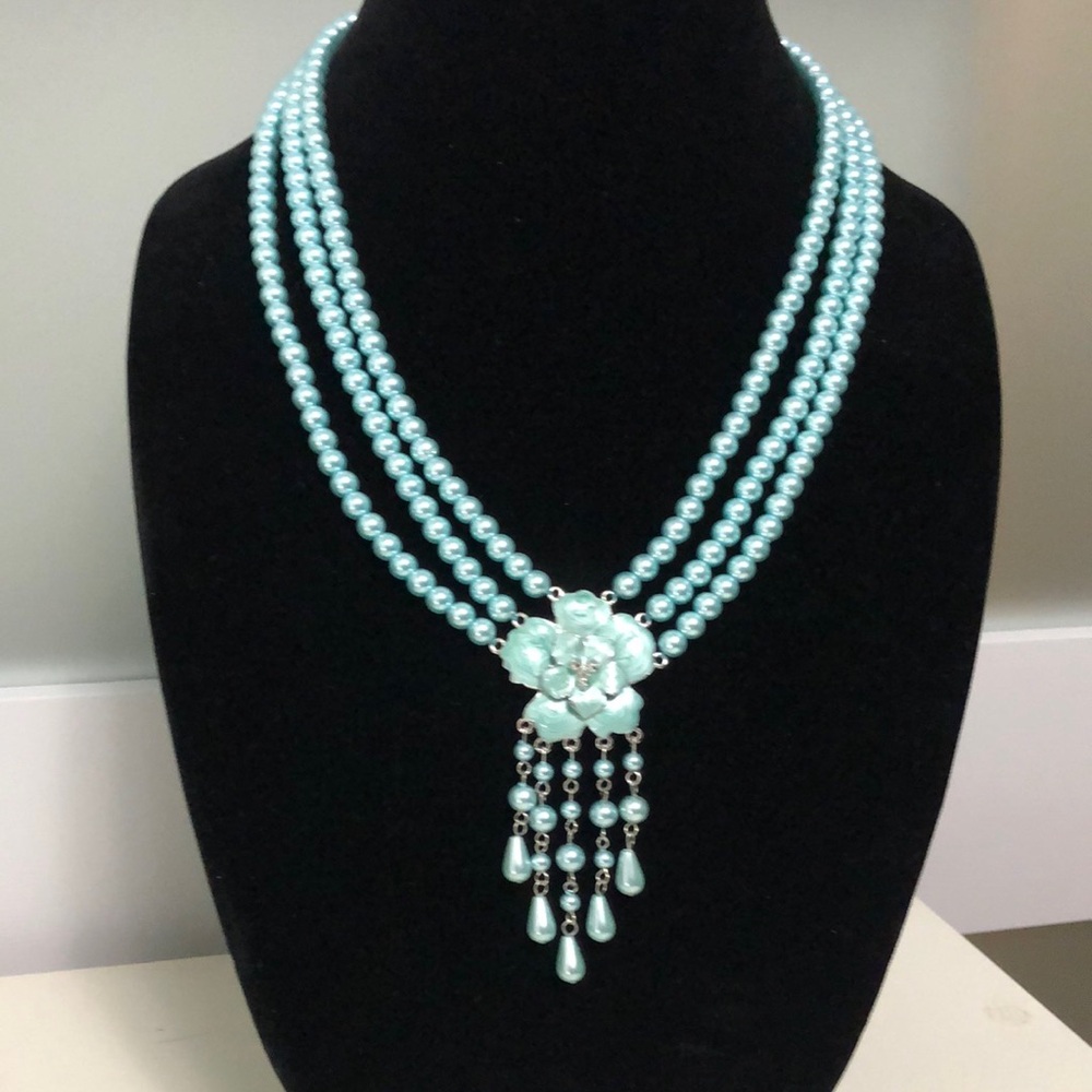 Majestic Blue Multi-Strand Necklace with Floral Centerpiece